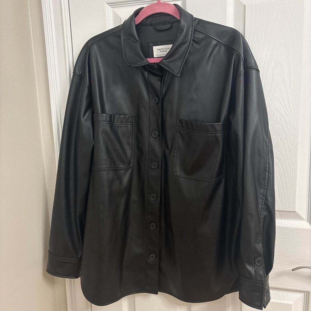 American Eagle Outfitters Black Faux Leather Button-Down Shacket Jacket